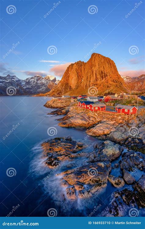 Classic View Of Hamnoy At Blue Hour Near Reine On Lofoten Islands