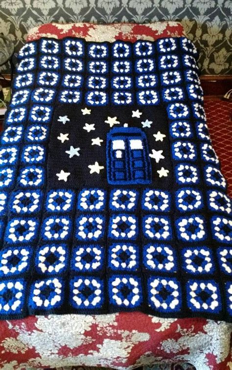 Crocheted Doctor Who Afghan Featuring The Tardis Measures 66x42 Shown