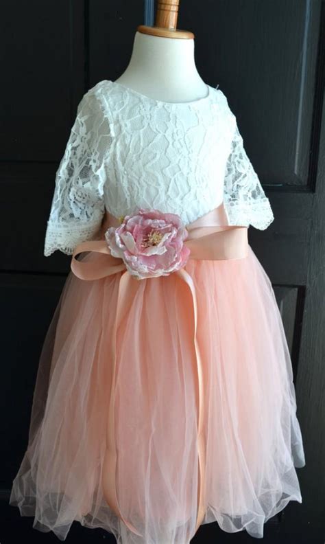 Flower Girl Coral Tutu Dress Blush Pink Long Tulle Skirt Lace Blouse