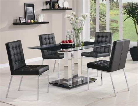 Sleek, angled stainless steel legs boast a polished chrome finish that. Rolien Modern Dining Room Set with Tempered Glass Table