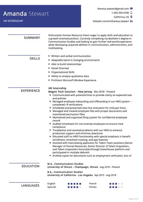 For those who really want to increase their chances of landing a job, then they would choose to write a curriculum to present to their would be employers. HR Internship Resume Example | Resume Sample 2020 - ResumeKraft