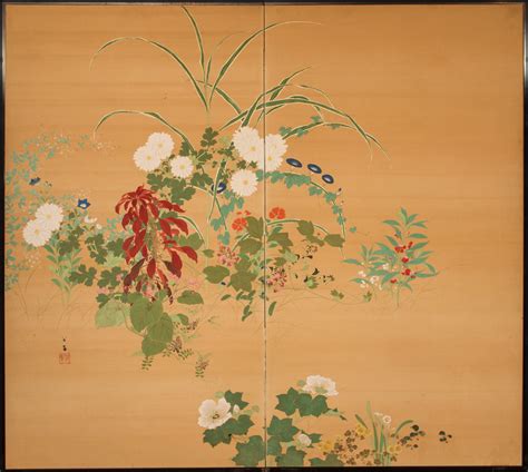 Japanese Two Panel Screen Summer Flowers On Silk Naga Antiques