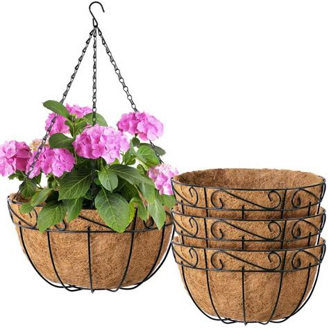 4 Pack Metal Hanging Planter Basket With Coco Coir Liner 10 Inch Round