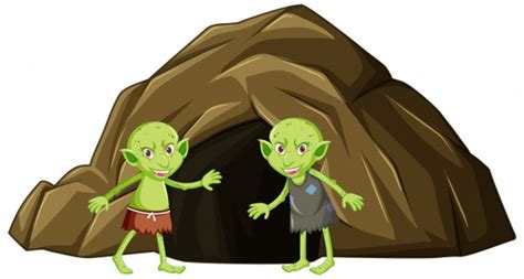 You are not logged in! Goblins with cave in cartoon character on white background ...