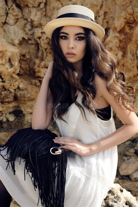 Beautiful Girl Dark Hair Wears Casual Elegant Clothes Hat Posing Summer