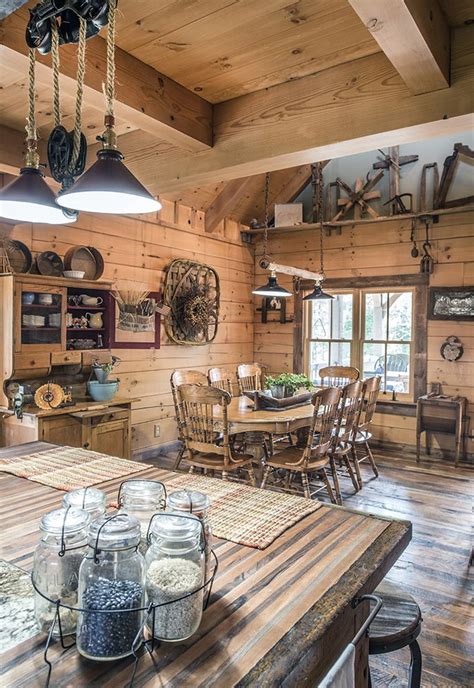 Log Home Dining Room With Exposed Beams Country House Decor Cozy