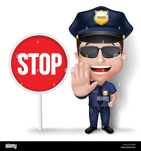 Friendly Police Man Character Policeman In Uniform With Stop Sign Hand