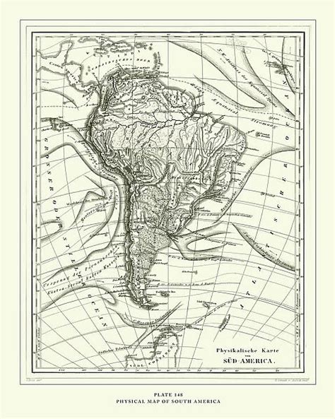 Engraved Antique Physical Map Of South America Engraving