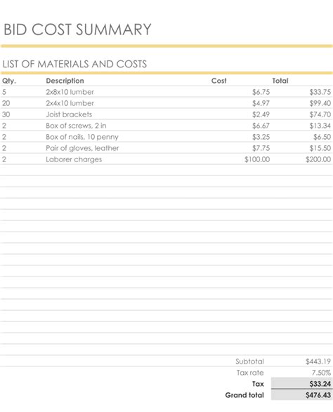 Construction Bid Template Free Excel