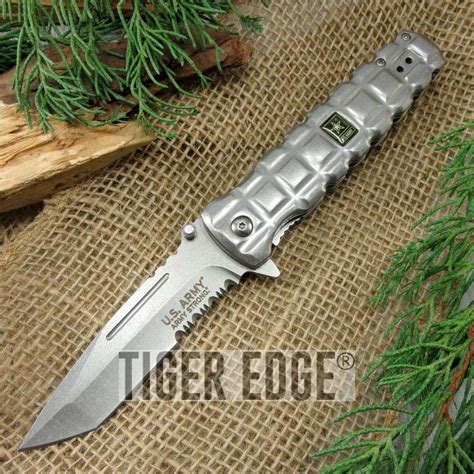 Spring Assist Folding Pocket Knife Us Army Silver Tanto Serrated Blade