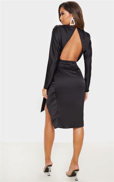 Black Satin Wrap Skirt Backless Midi Dress Prettylittlething Usa