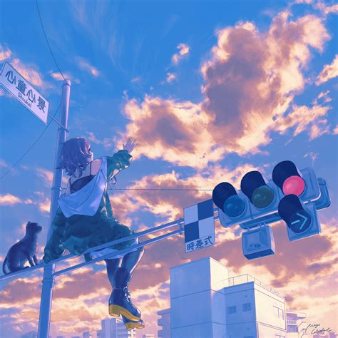 Fondos De Pantalla Chicas Anime Cielo Nubes Sunset Glow Gatos