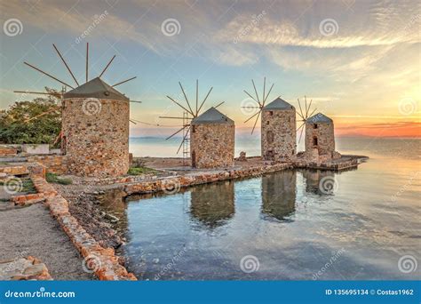 Sunrise At The Windmills In Chios Greece Stock Photo Image Of