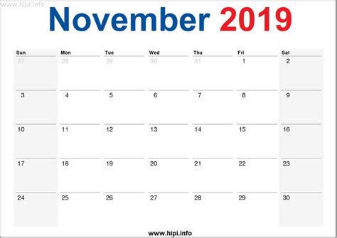 November 2019 Calendar Printable Monthly Calendar Free