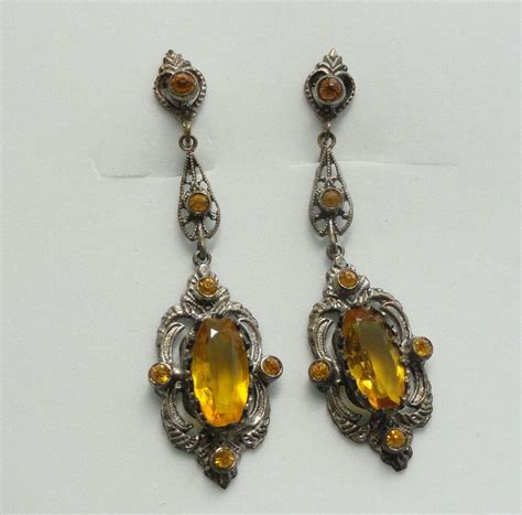 Vintage Drop Dangle Screw Earrings Victorian Style Czech Amber