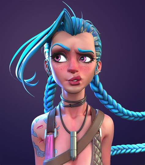 An Animated Woman With Blue Hair And Tattoos On Her Chest Holding A Rope Around Her Neck