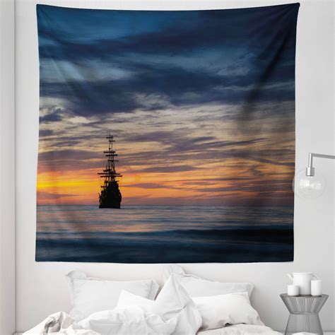 Pirate Ship Tapestry Old Sailboat In Majestic Sunset Scenery Tropical