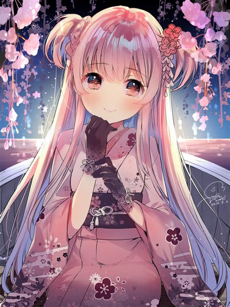 Anime Girl Long Hair Kimono Moe Cute Gloves Flowers Anime