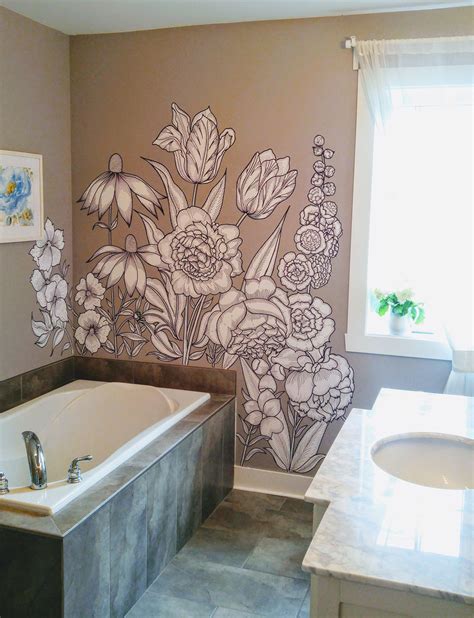 Turquoise and yellow are both vibrant colors so they must be balanced correctly in a room. Custom vintage flowers illustration painted in bathroom as accent wall custom artwork home decor ...