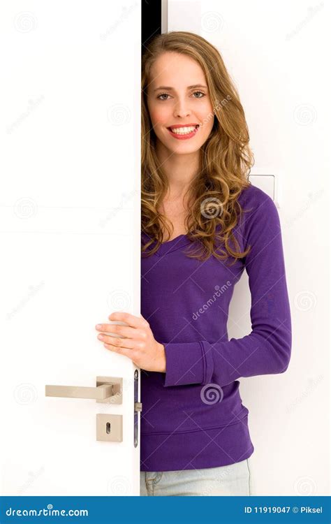 Woman Opening Door Stock Image Image Of Entering Home