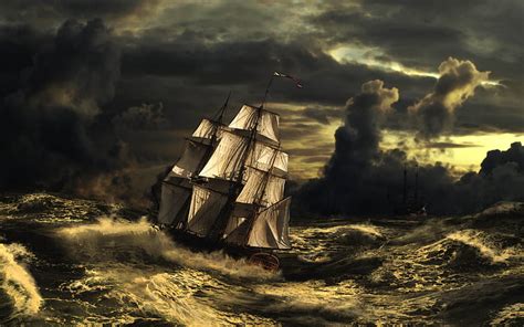 Hd Wallpaper Sailing Ship Illustration Sea Wave The Sky Clouds