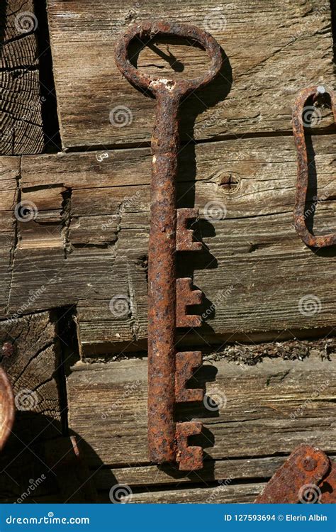 Large Rusty Old Key Stock Photo Image Of Wooden Security 127593694