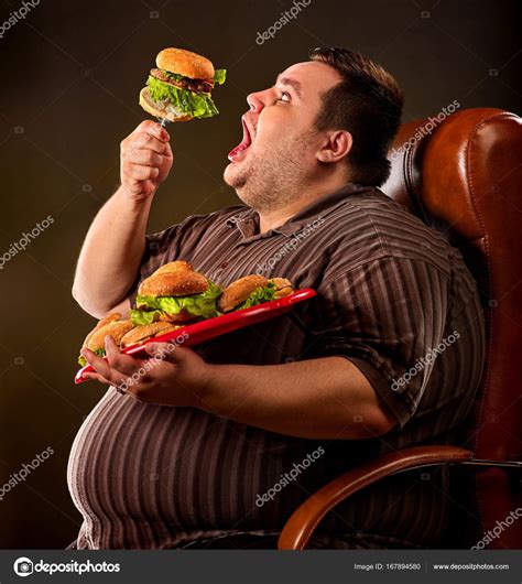 Fat Man Eating Fast Food Hamberger Breakfast For Overweight Person ⬇