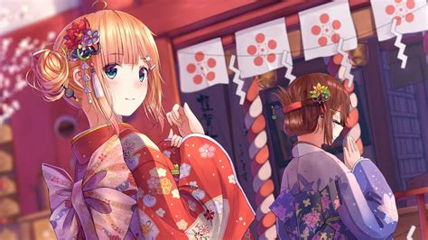 Download Wallpaper 1366x768 Girl Glance Kimono Anime Red Tablet