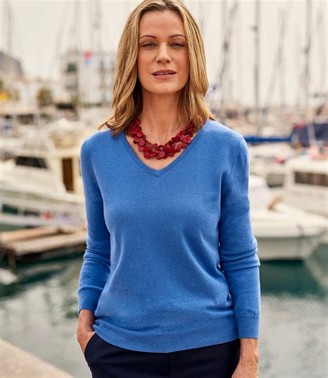 Ocean Blue Womens Cashmere And Cotton V Neck Jumper Woolovers Uk