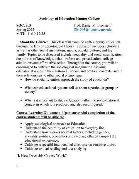 so e spring 22 syllabus for education sociology of education hunter college soc 203 prof