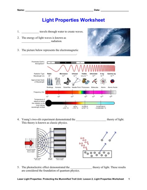 Light Properties Worksheet