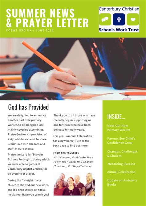 Summer Prayer Letter Canterbury Christian Schools Work Trust