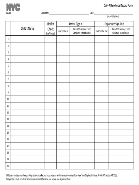 Daily Attendance Record Form Health Fill Online Printable Fillable