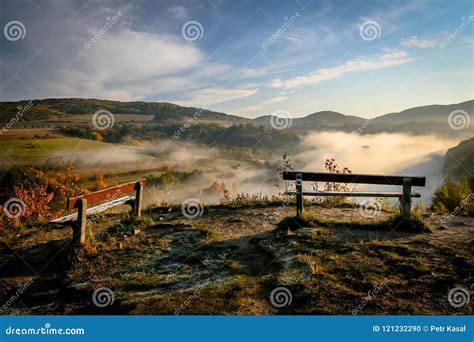 Two Benches In Misty Morning Stock Photo Image Of Alone October