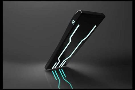 A Futuristic Black Object With Neon Lines On The Side And An Arrow In