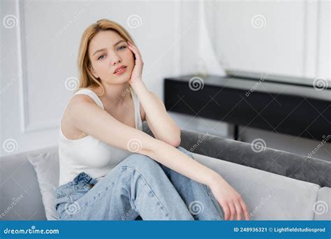 Pretty Blonde Woman In Jeans Siting Stock Image Image Of Woman Caucasian 248936321