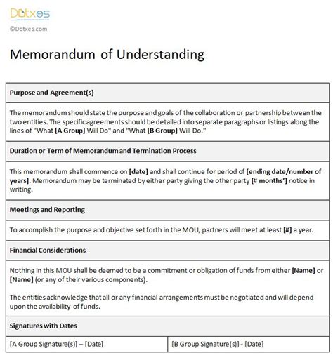Memorandum Of Understanding Sample Template Dotxes Memorandum