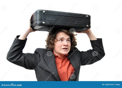 Businessman Holding Luggage Above Head Stock Photo Image Of Humorous