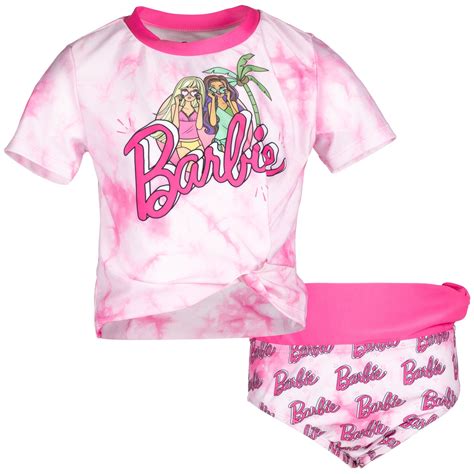 Barbie Little Girls Short Sleeve Rash Guard Swim Shirt And Swim Bikini