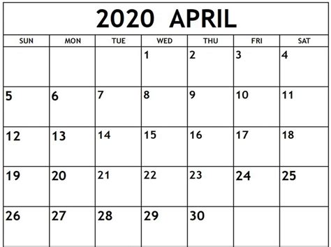Monthly Blank April 2020 Printable Calendar Template Pdf Word Excel
