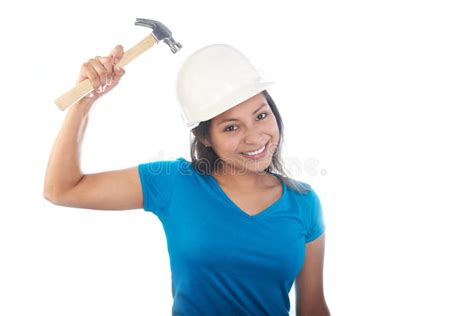 Girl Hitting Her Helmet With A Hammer Stock Image Image Of Attractive