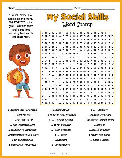 Social Skills Word Search Puzzle Puzzles To Print