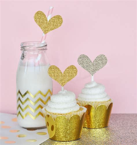 Glitter Heart Cupcake Toppers Diy Gold Glitter Heart Stickers Etsy