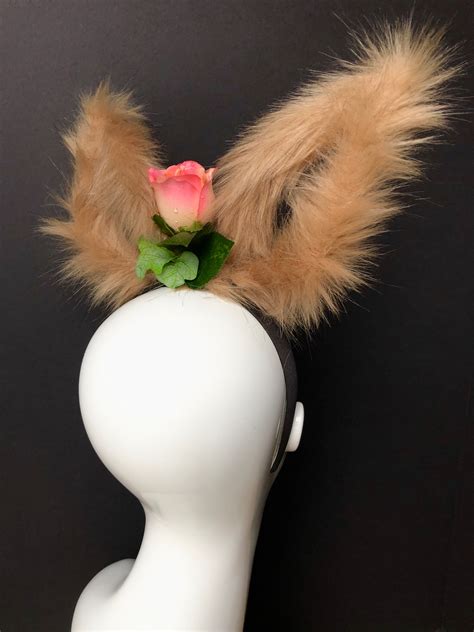 Faux Fur Bunny Ears Headpiece With Pink Roses Etsyde