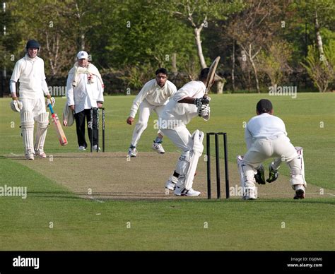 Playing Cricket At A Local League Match Stock Photo Alamy