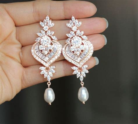 Rose Gold Crystal Bridal Earring Wedding Long By Arbjewelry Gold
