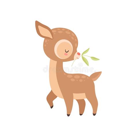 Cute Baby Deer With Twig In Its Mouth Adorable Forest Fawn Animal