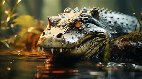 Premium Ai Image Alligator Crocodile Amphibian Predator Infront Of Lake