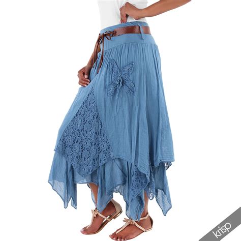 Womens Ladies Simple Long Cotton Gypsy Skirt Hippie Boho Asymmetric