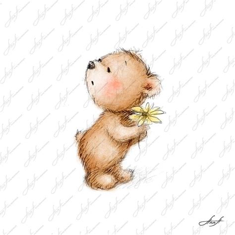 Watercolor And Pencil Drawing Of Teddy Bear With Flower Nursery Wall